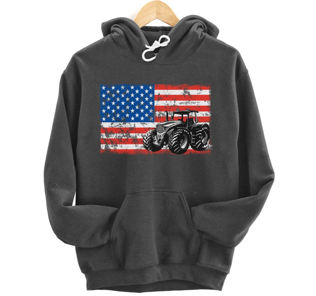 Farm Tractors USA Flag Patriotic Farming Gift Pullover Hoodie
