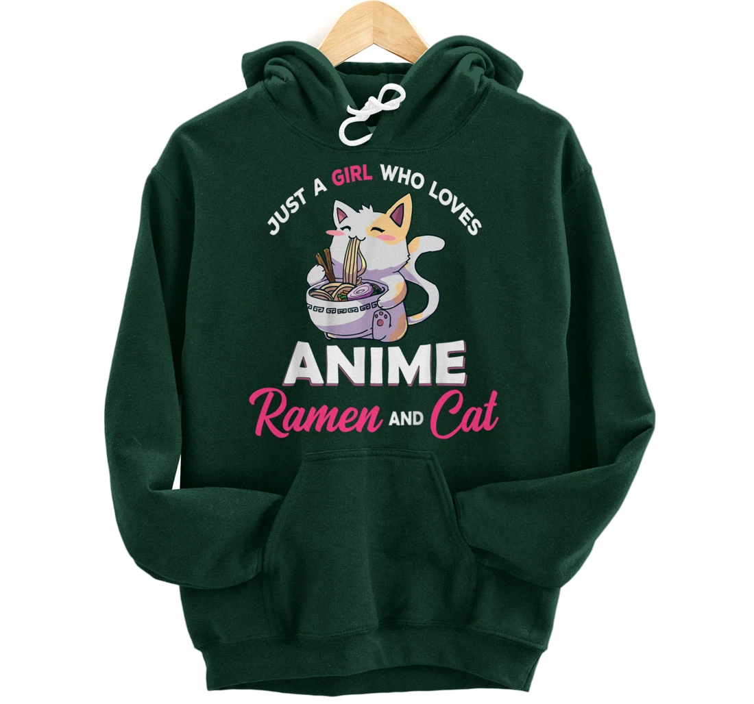 Just A Girl Who Loves Anime Ramen And Cat Gift For Girl Pullover Hoodie