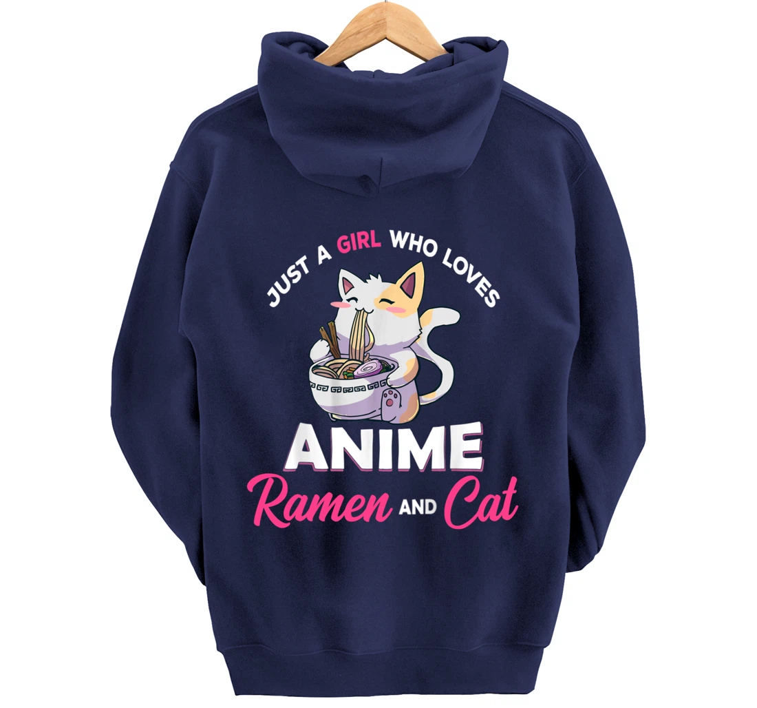 Just A Girl Who Loves Anime Ramen And Cat Gift For Girl Pullover Hoodie