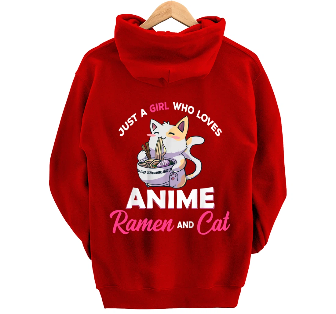 Just A Girl Who Loves Anime Ramen And Cat Gift For Girl Pullover Hoodie