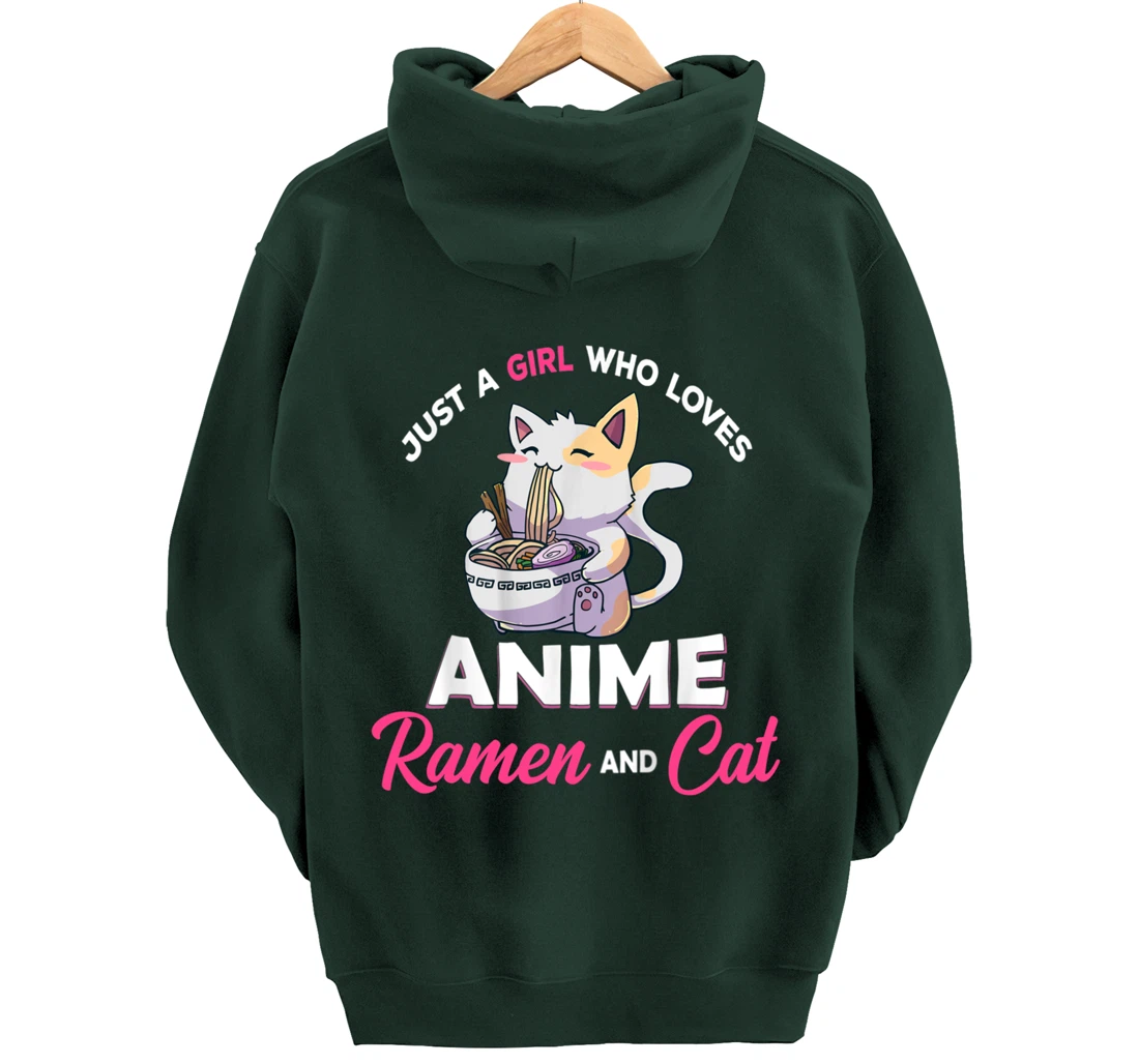 Just A Girl Who Loves Anime Ramen And Cat Gift For Girl Pullover Hoodie