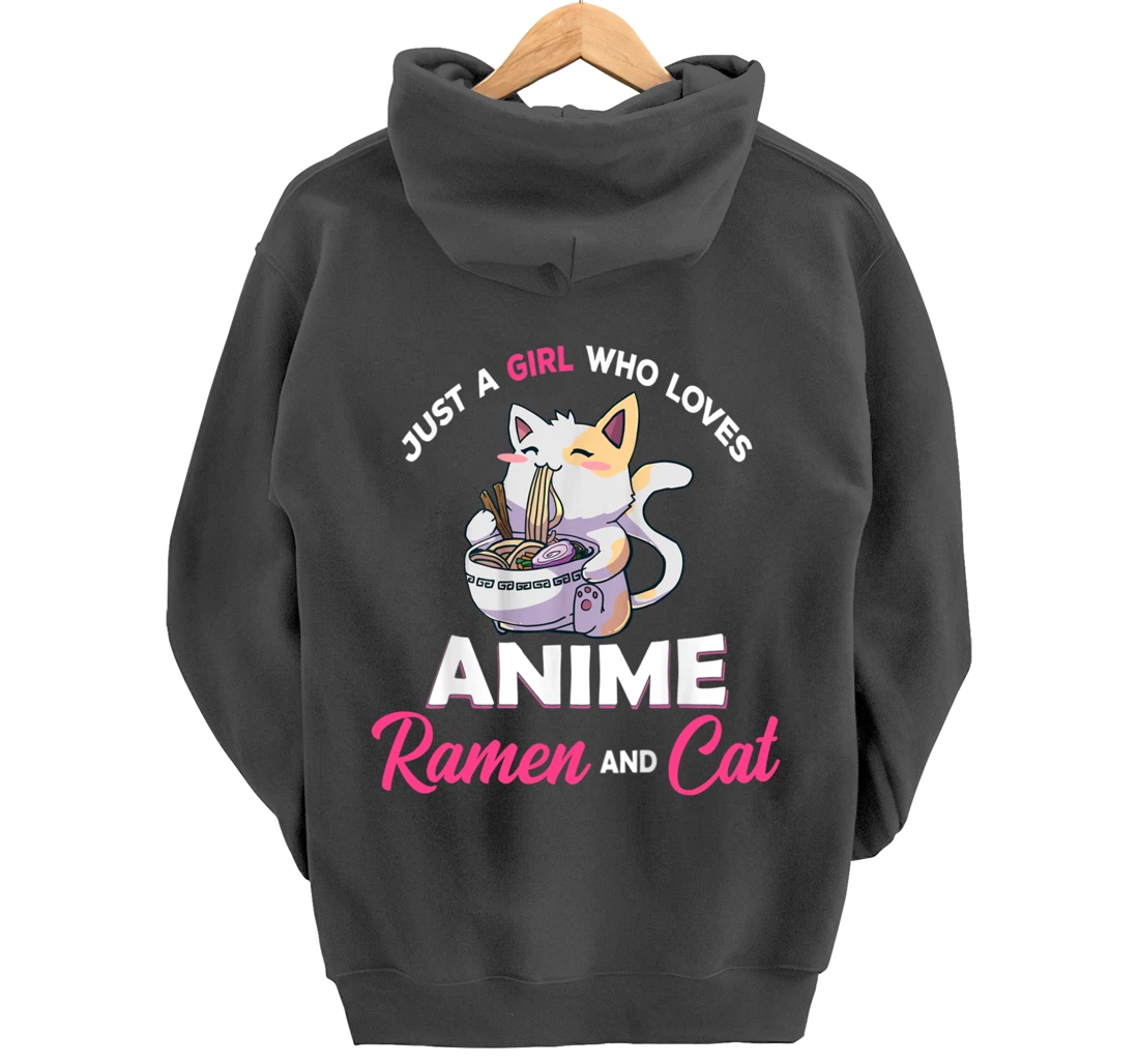 Just A Girl Who Loves Anime Ramen And Cat Gift For Girl Pullover Hoodie