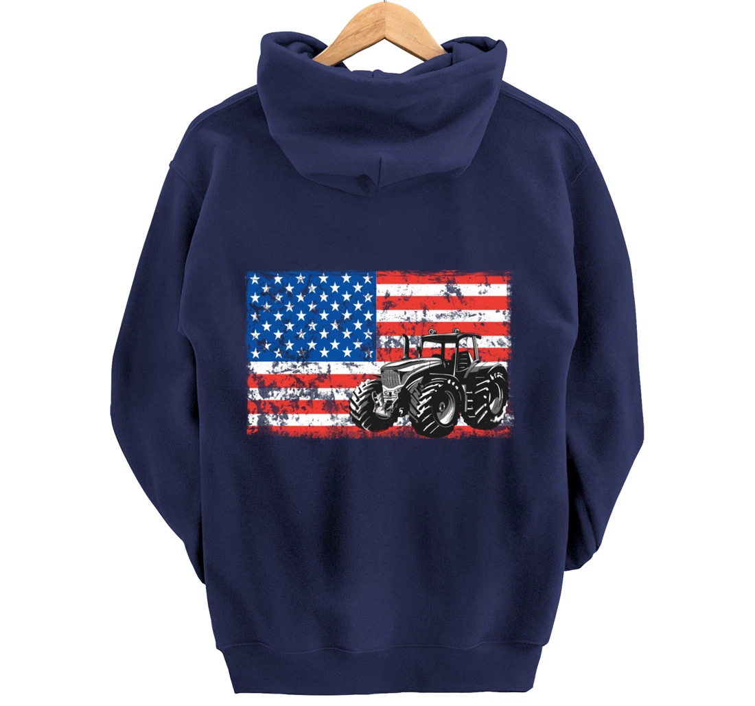 Farm Tractors USA Flag Patriotic Farming Gift Pullover Hoodie