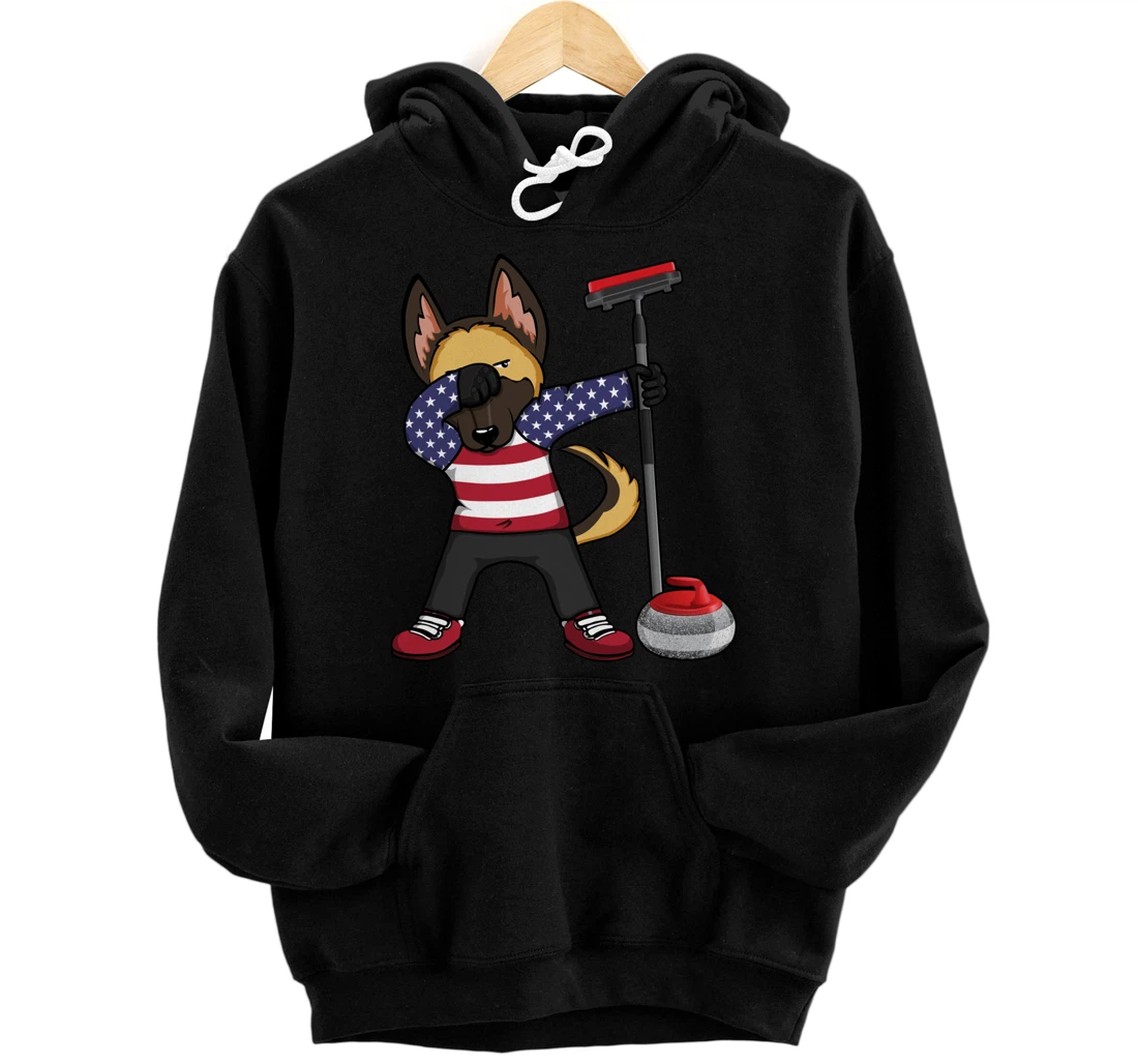 Dabbing German Shepherd USA Flag America Curling Fans Jersey Pullover Hoodie