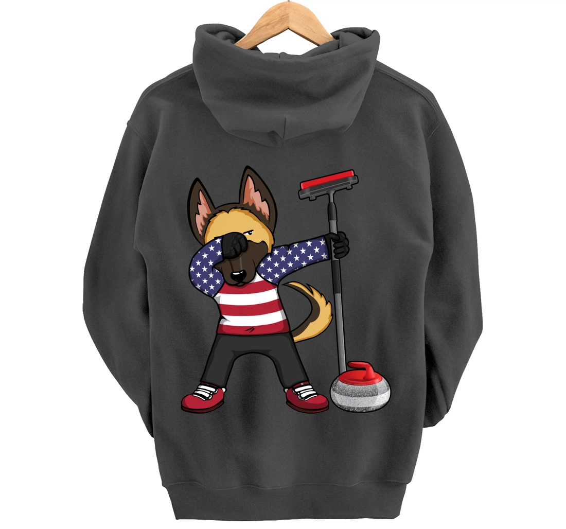 Dabbing German Shepherd USA Flag America Curling Fans Jersey Pullover Hoodie