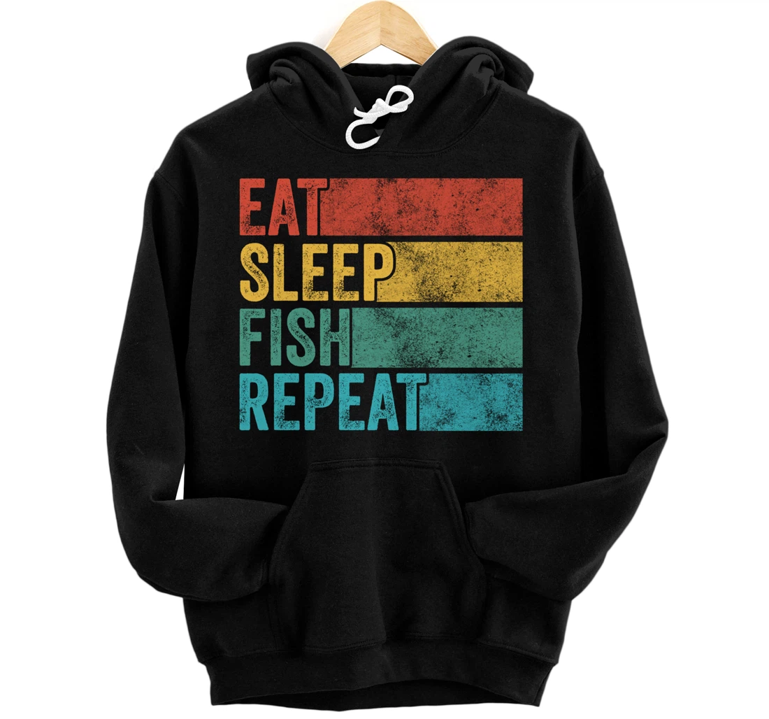 Eat Sleep Fish Repeat Funny Fishing Fisherman Vintage Retro Pullover Hoodie