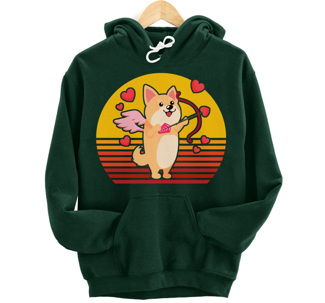 Valentines Day Cute Dog Corgi Puppy Dog Cupid Retro Pullover Hoodie