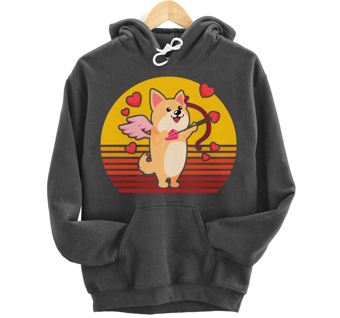 Valentines Day Cute Dog Corgi Puppy Dog Cupid Retro Pullover Hoodie