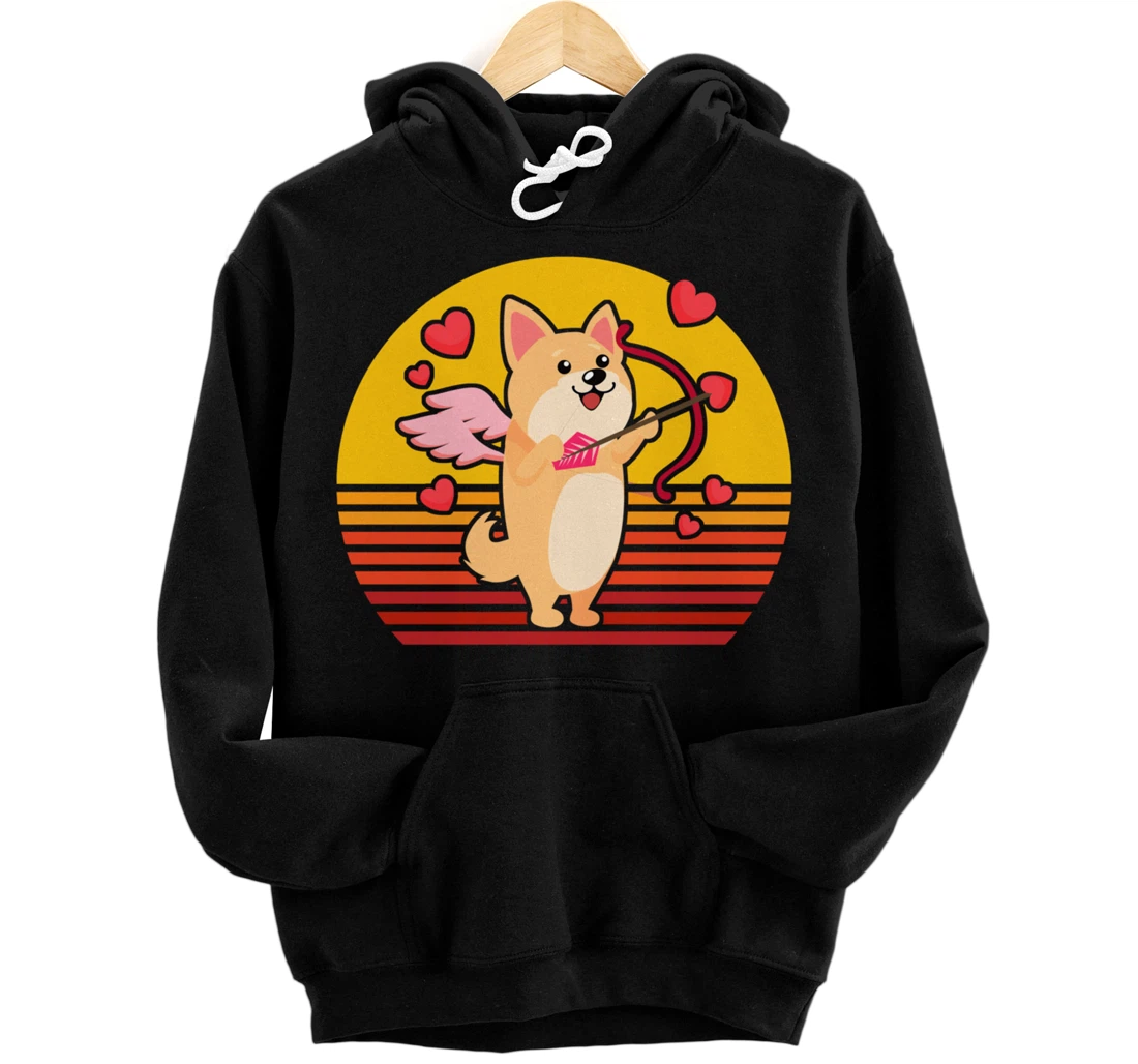 Valentines Day Cute Dog Corgi Puppy Dog Cupid Retro Pullover Hoodie