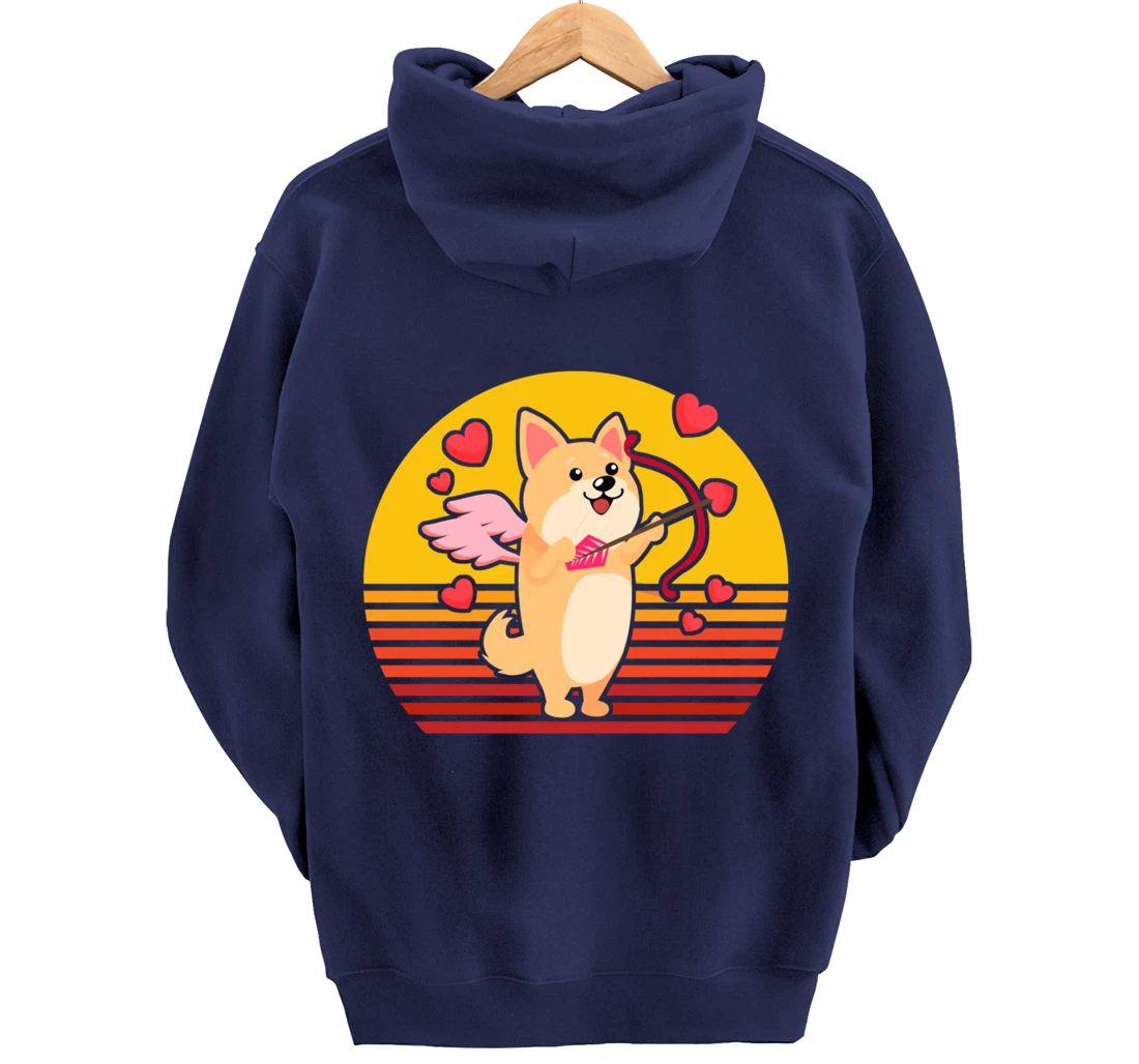 Valentines Day Cute Dog Corgi Puppy Dog Cupid Retro Pullover Hoodie