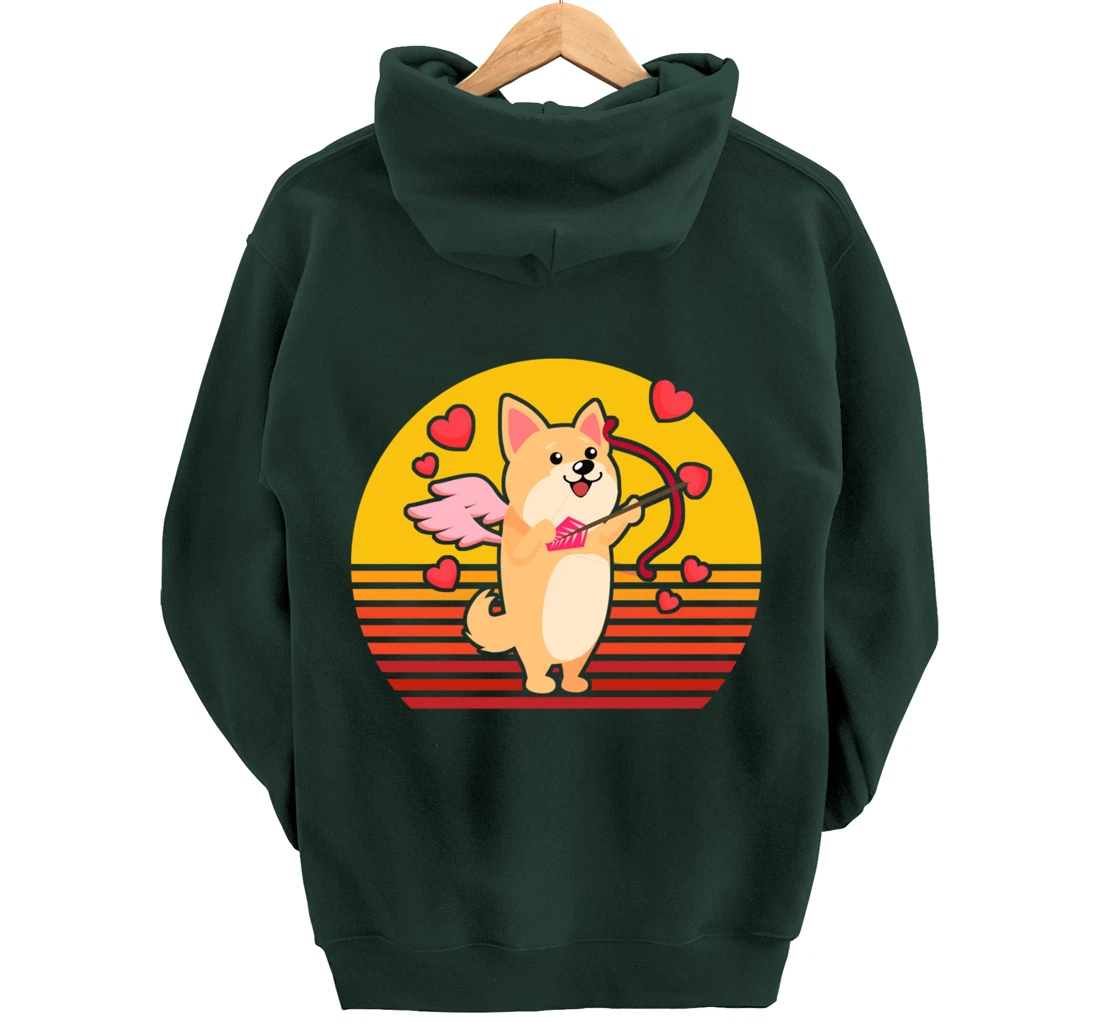 Valentines Day Cute Dog Corgi Puppy Dog Cupid Retro Pullover Hoodie