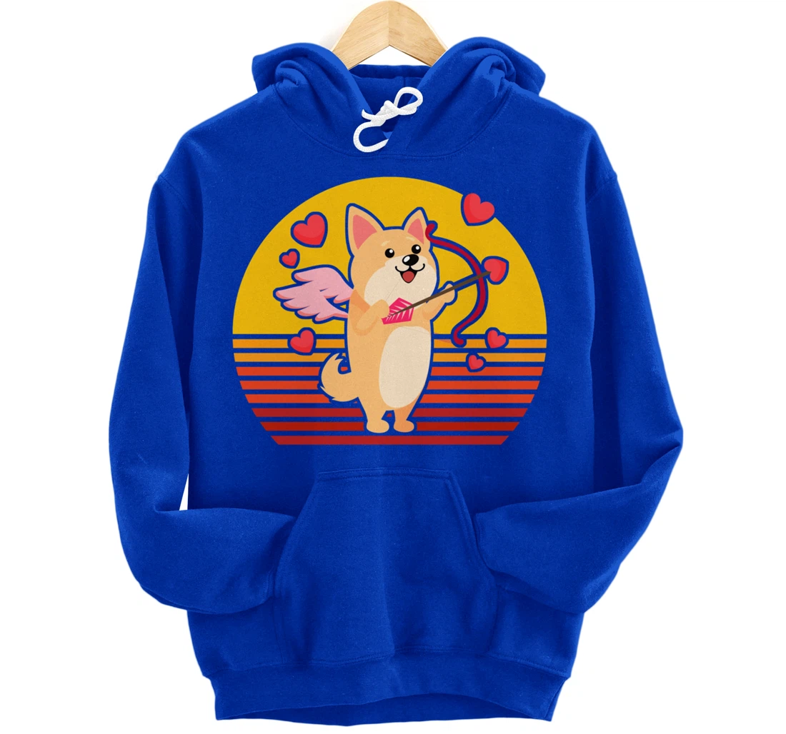 Valentines Day Cute Dog Corgi Puppy Dog Cupid Retro Pullover Hoodie