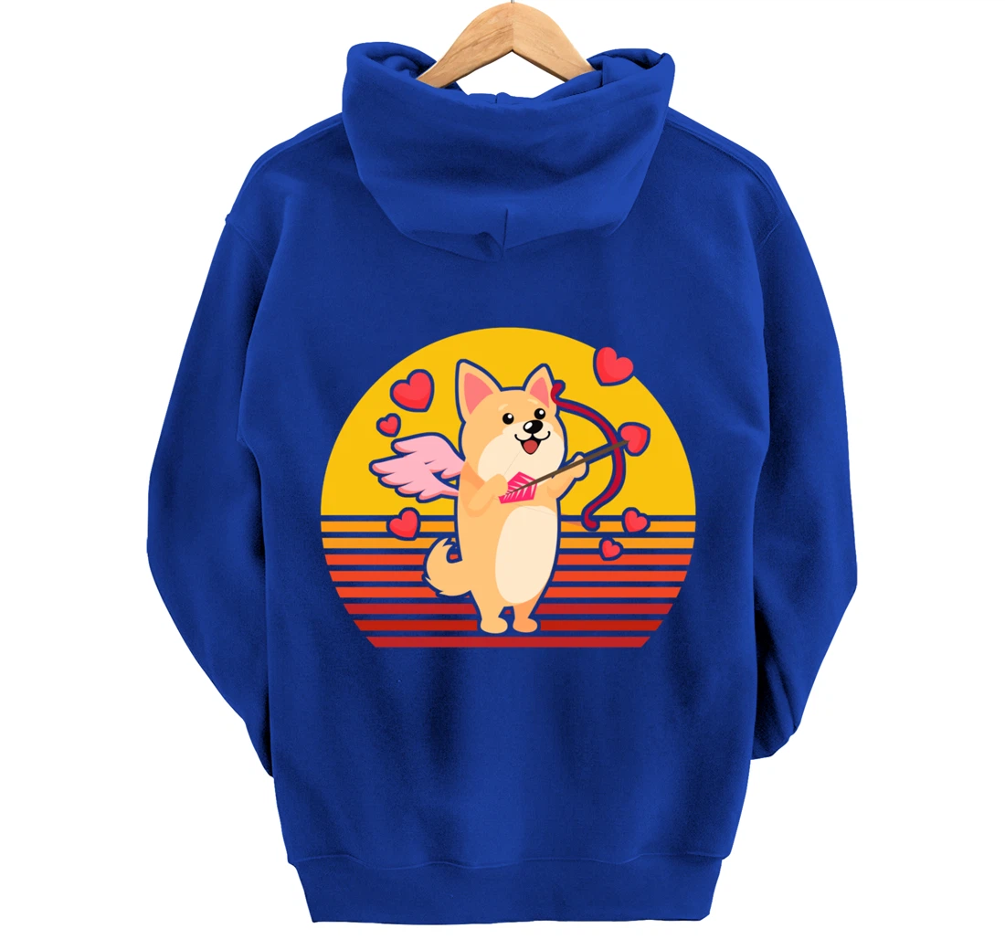 Valentines Day Cute Dog Corgi Puppy Dog Cupid Retro Pullover Hoodie