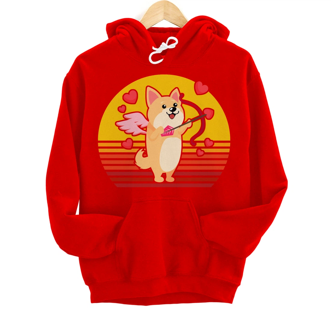 Valentines Day Cute Dog Corgi Puppy Dog Cupid Retro Pullover Hoodie