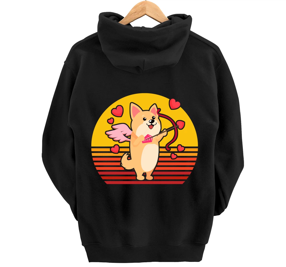 Valentines Day Cute Dog Corgi Puppy Dog Cupid Retro Pullover Hoodie