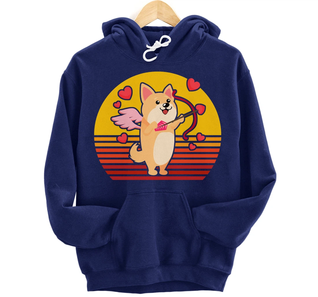 Valentines Day Cute Dog Corgi Puppy Dog Cupid Retro Pullover Hoodie