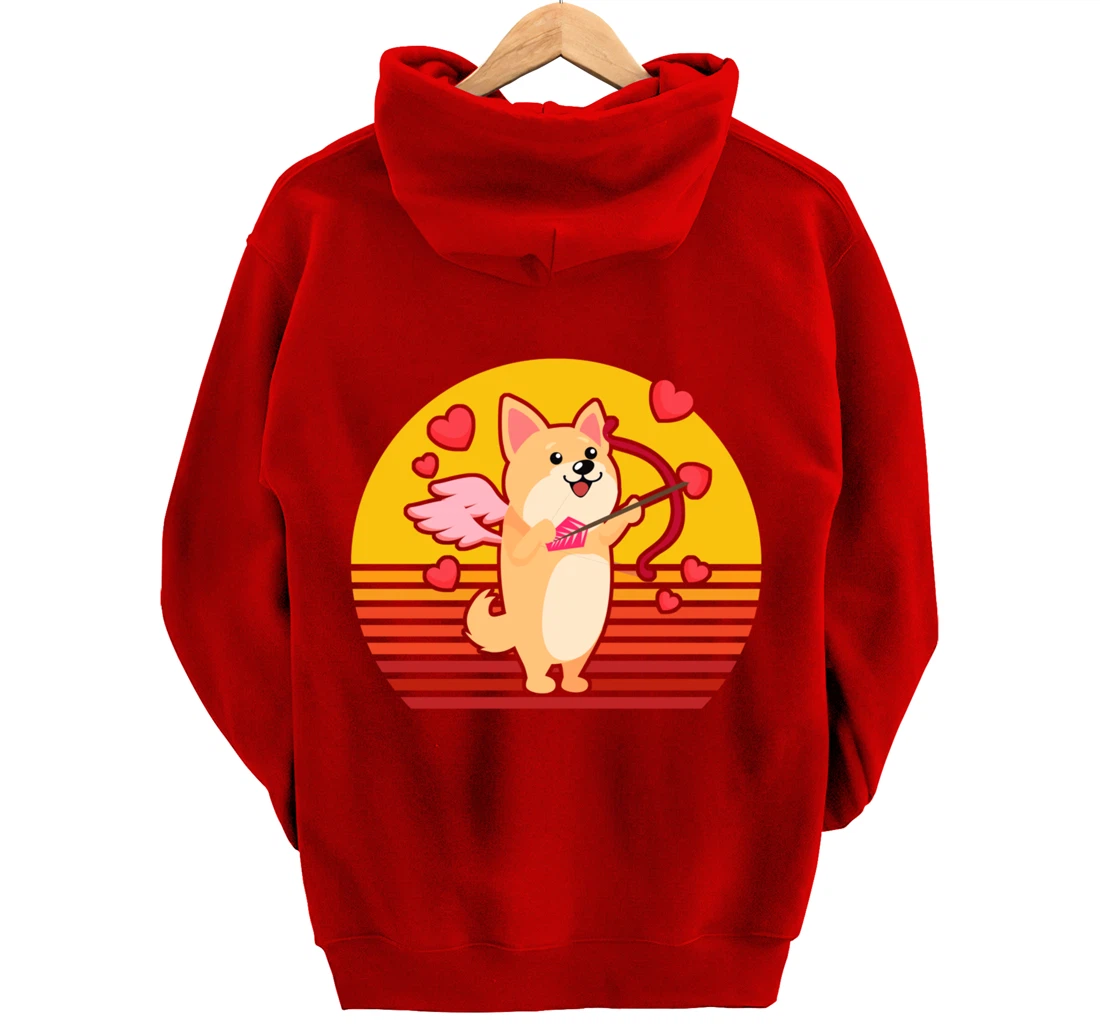 Valentines Day Cute Dog Corgi Puppy Dog Cupid Retro Pullover Hoodie