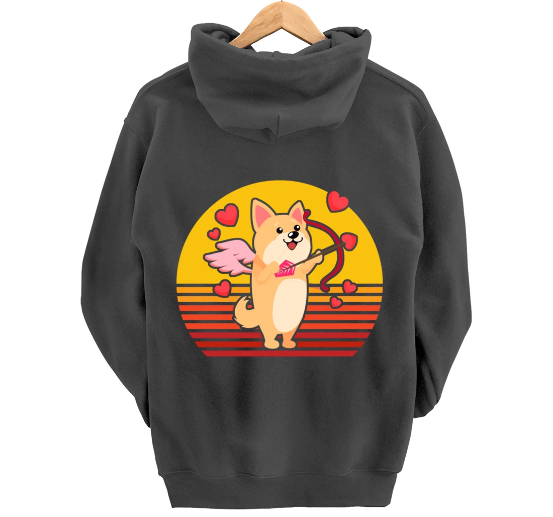 Valentines Day Cute Dog Corgi Puppy Dog Cupid Retro Pullover Hoodie