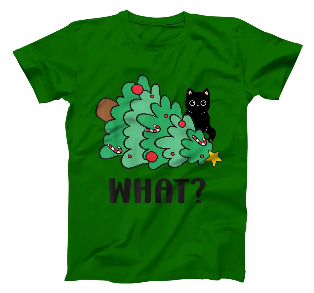 Funny Black Cat Gift Pushing Christmas Tree Over Cat What? T-Shirt, Women T-Shirt