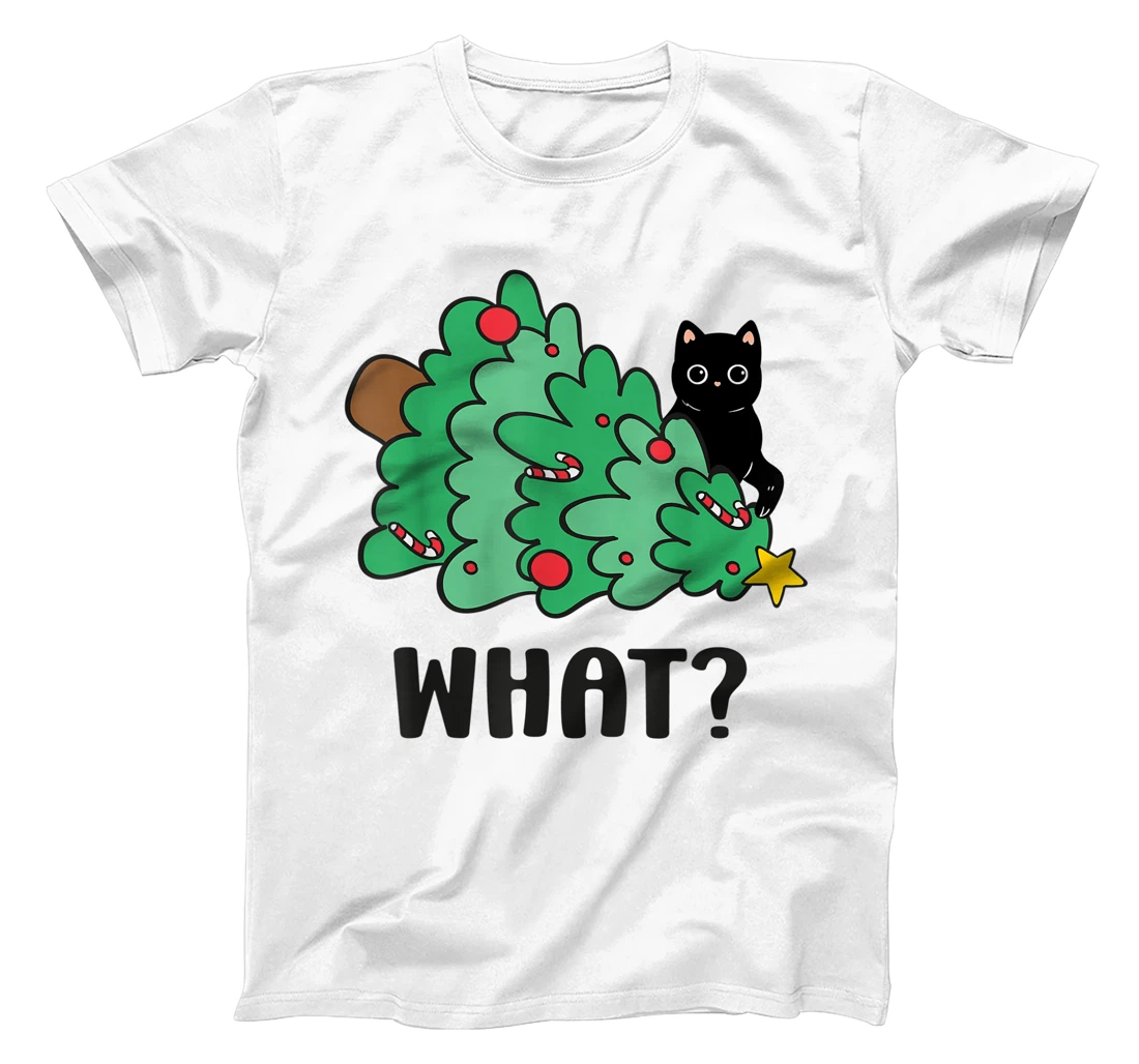 Funny Black Cat Gift Pushing Christmas Tree Over Cat What? T-Shirt, Women T-Shirt