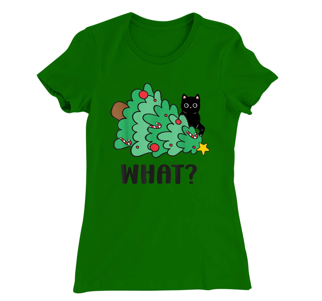 Funny Black Cat Gift Pushing Christmas Tree Over Cat What? T-Shirt, Women T-Shirt