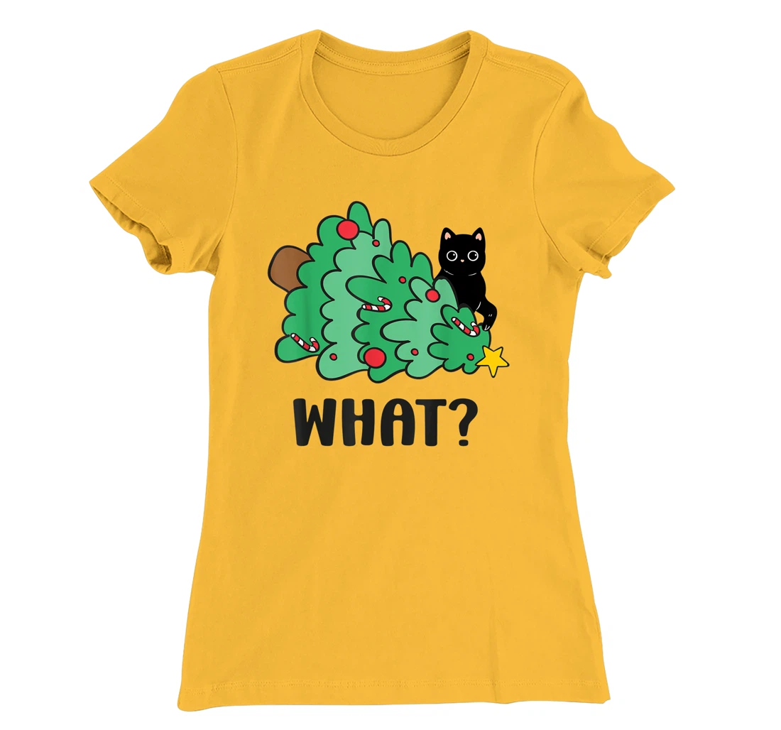 Funny Black Cat Gift Pushing Christmas Tree Over Cat What? T-Shirt, Women T-Shirt