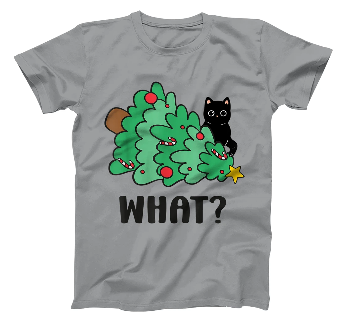 Funny Black Cat Gift Pushing Christmas Tree Over Cat What? T-Shirt, Women T-Shirt