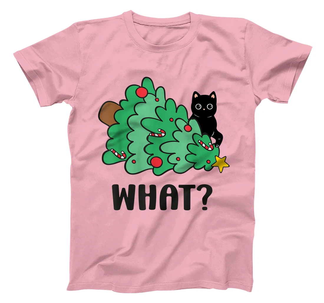 Funny Black Cat Gift Pushing Christmas Tree Over Cat What? T-Shirt, Women T-Shirt