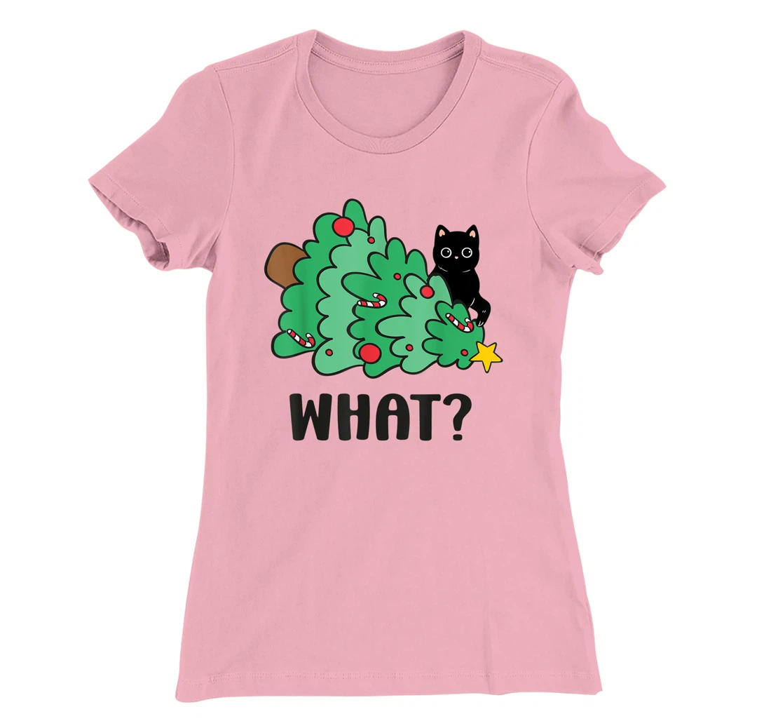 Funny Black Cat Gift Pushing Christmas Tree Over Cat What? T-Shirt, Women T-Shirt