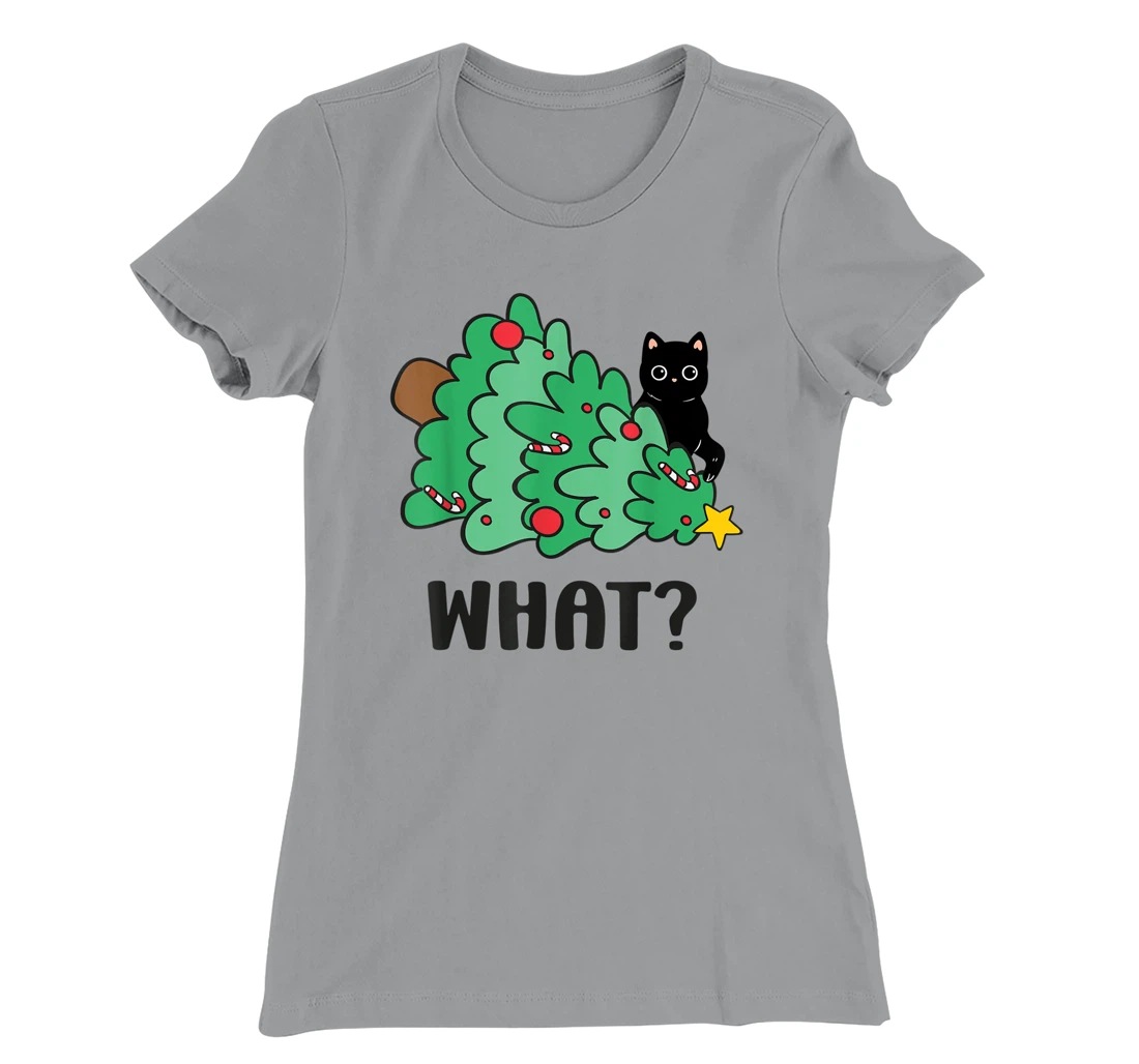 Funny Black Cat Gift Pushing Christmas Tree Over Cat What? T-Shirt, Women T-Shirt