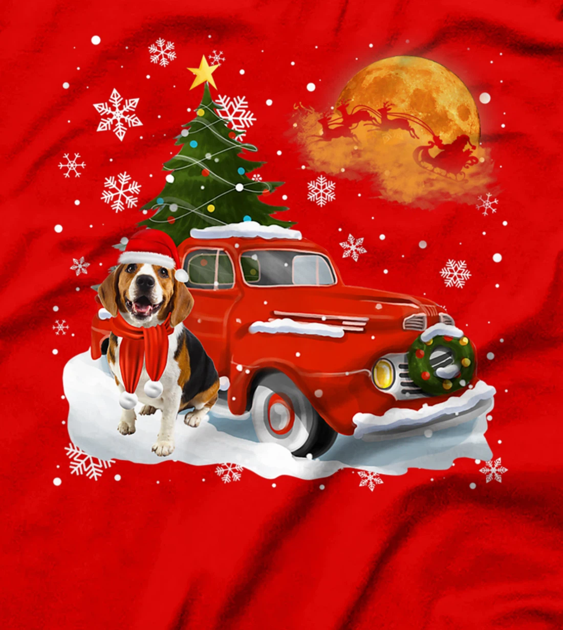 Beagle Dog Riding Red Truck Christmas Decorations T-Shirt