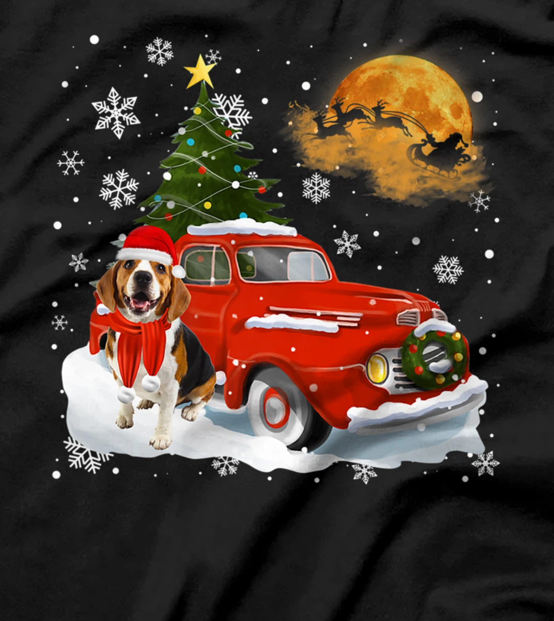 Beagle Dog Riding Red Truck Christmas Decorations T-Shirt