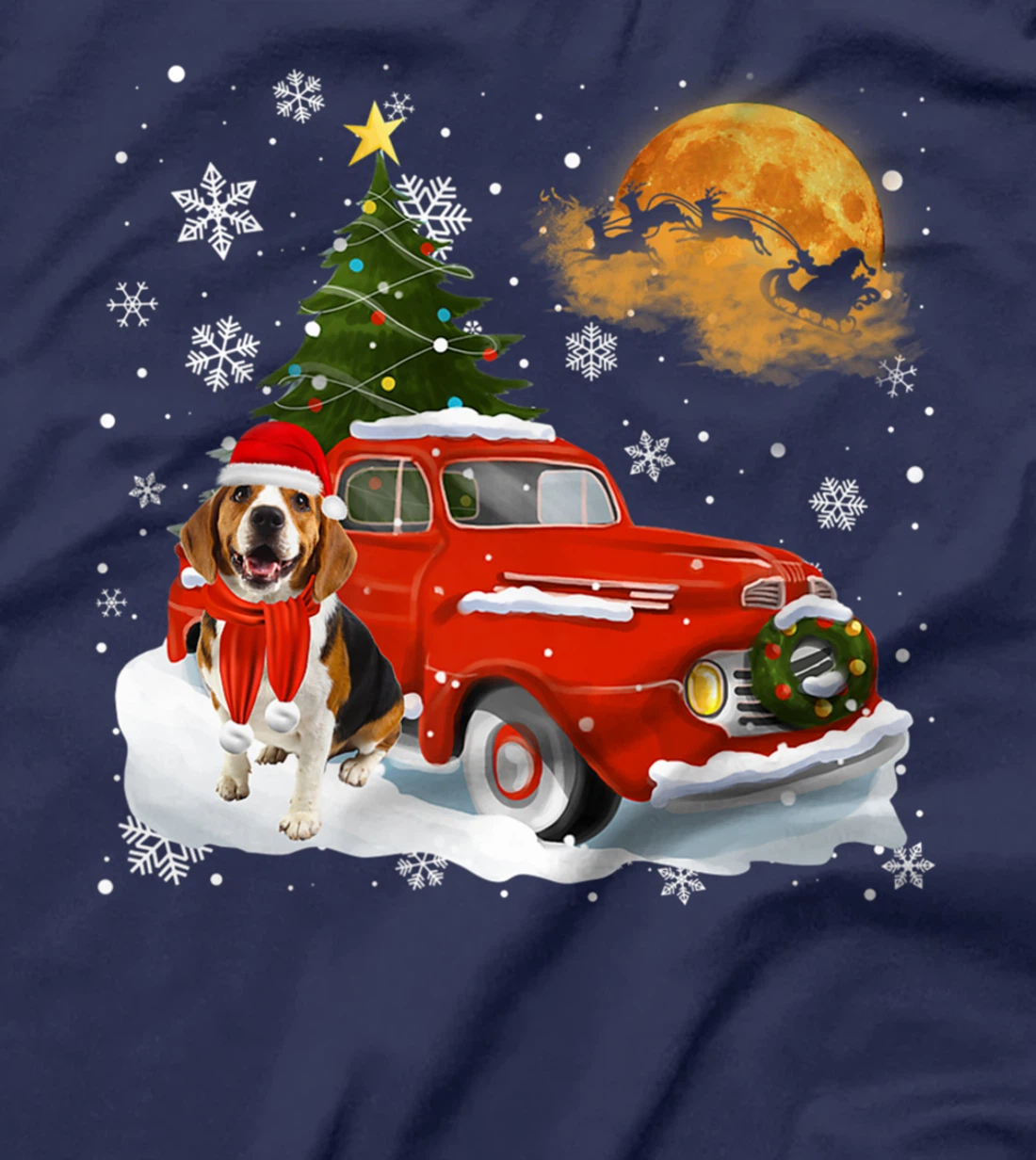 Beagle Dog Riding Red Truck Christmas Decorations T-Shirt