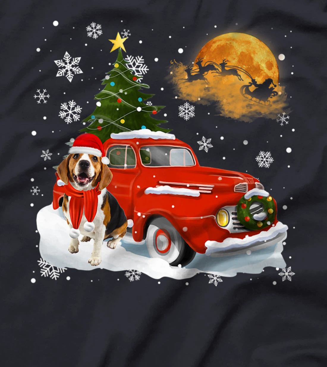 Beagle Dog Riding Red Truck Christmas Decorations T-Shirt