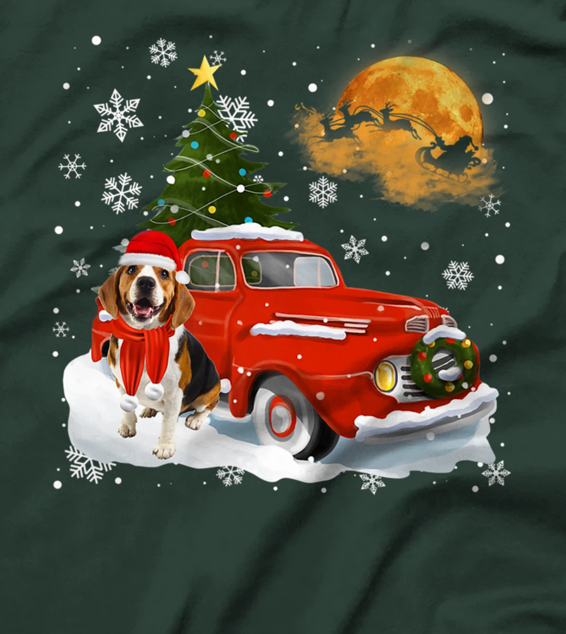 Beagle Dog Riding Red Truck Christmas Decorations T-Shirt