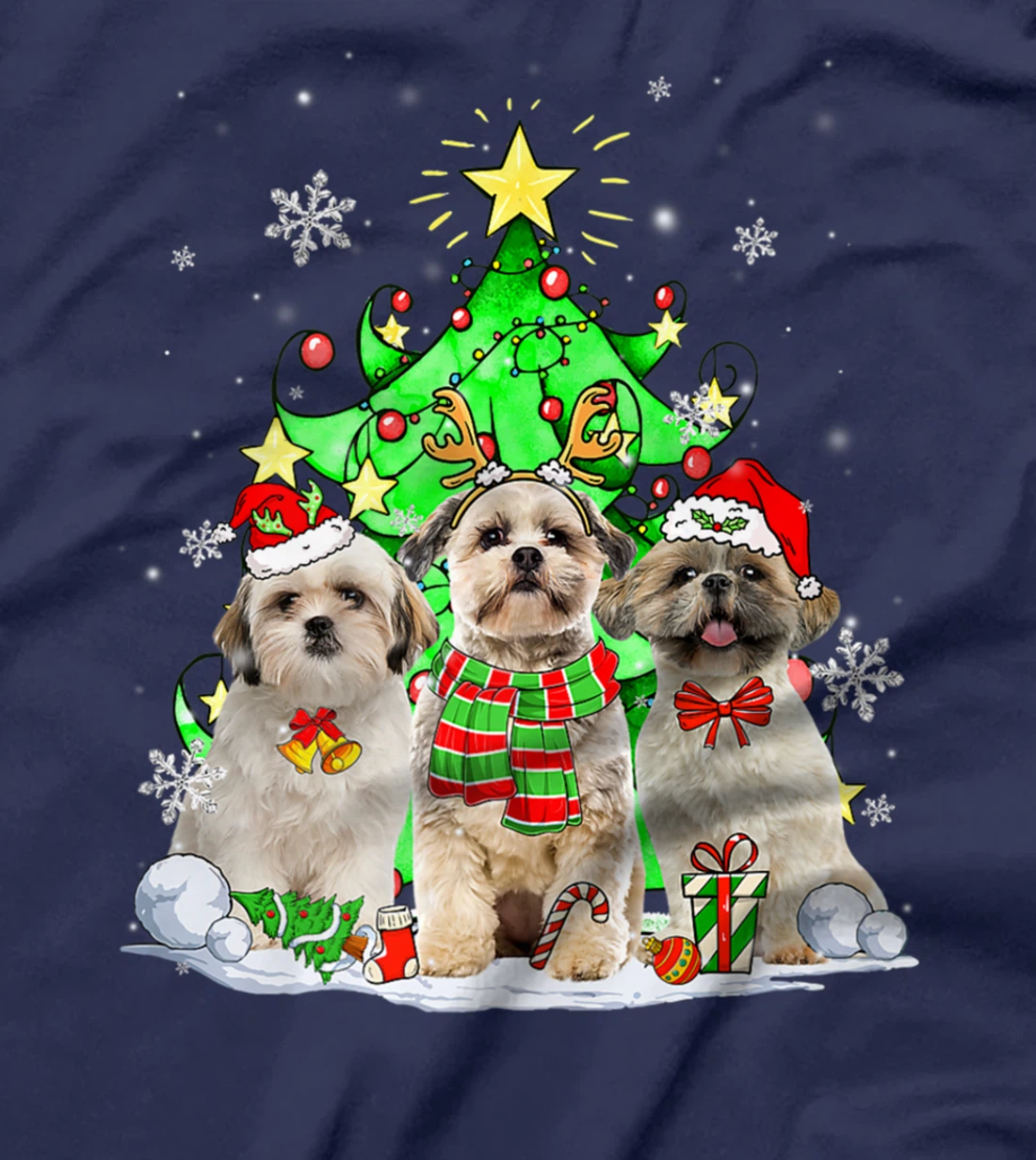 Funny Shih Tzu Dog Reindeer Christmas Light Dog Lover T-Shirt