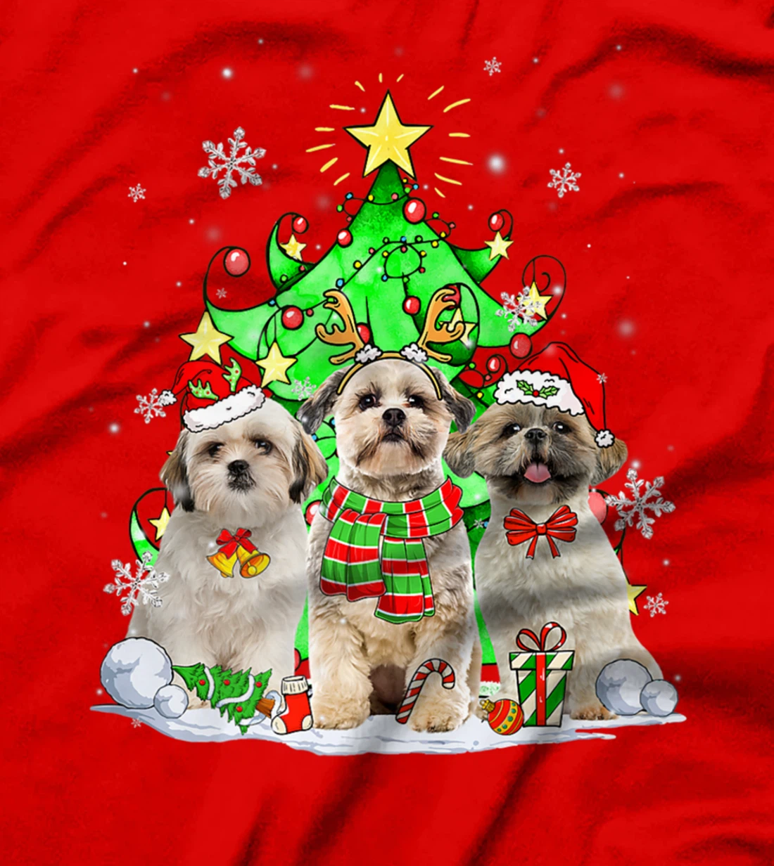 Funny Shih Tzu Dog Reindeer Christmas Light Dog Lover T-Shirt