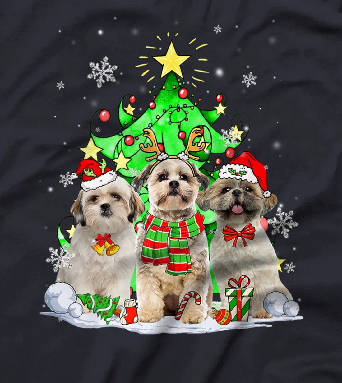 Funny Shih Tzu Dog Reindeer Christmas Light Dog Lover T-Shirt