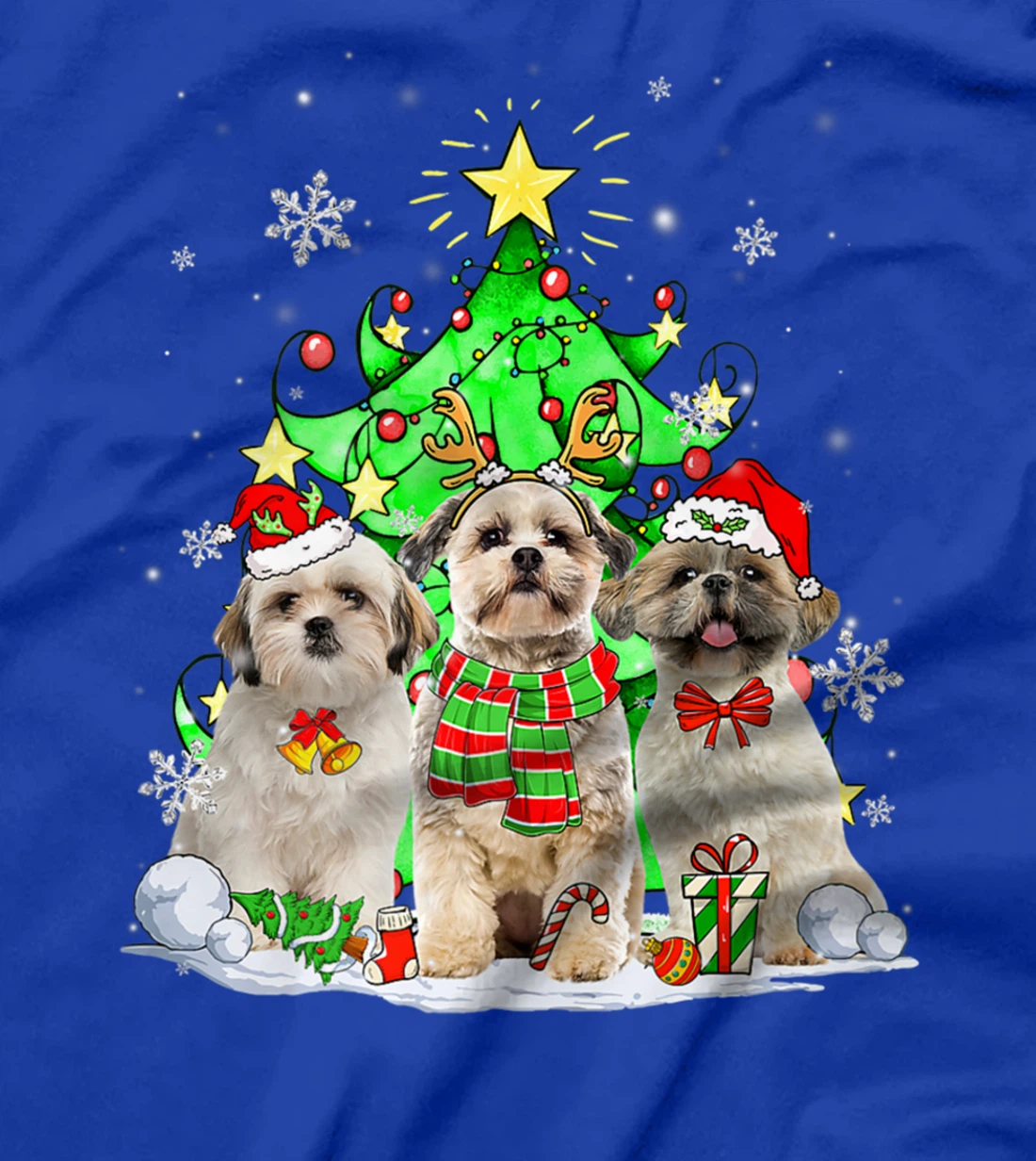 Funny Shih Tzu Dog Reindeer Christmas Light Dog Lover T-Shirt