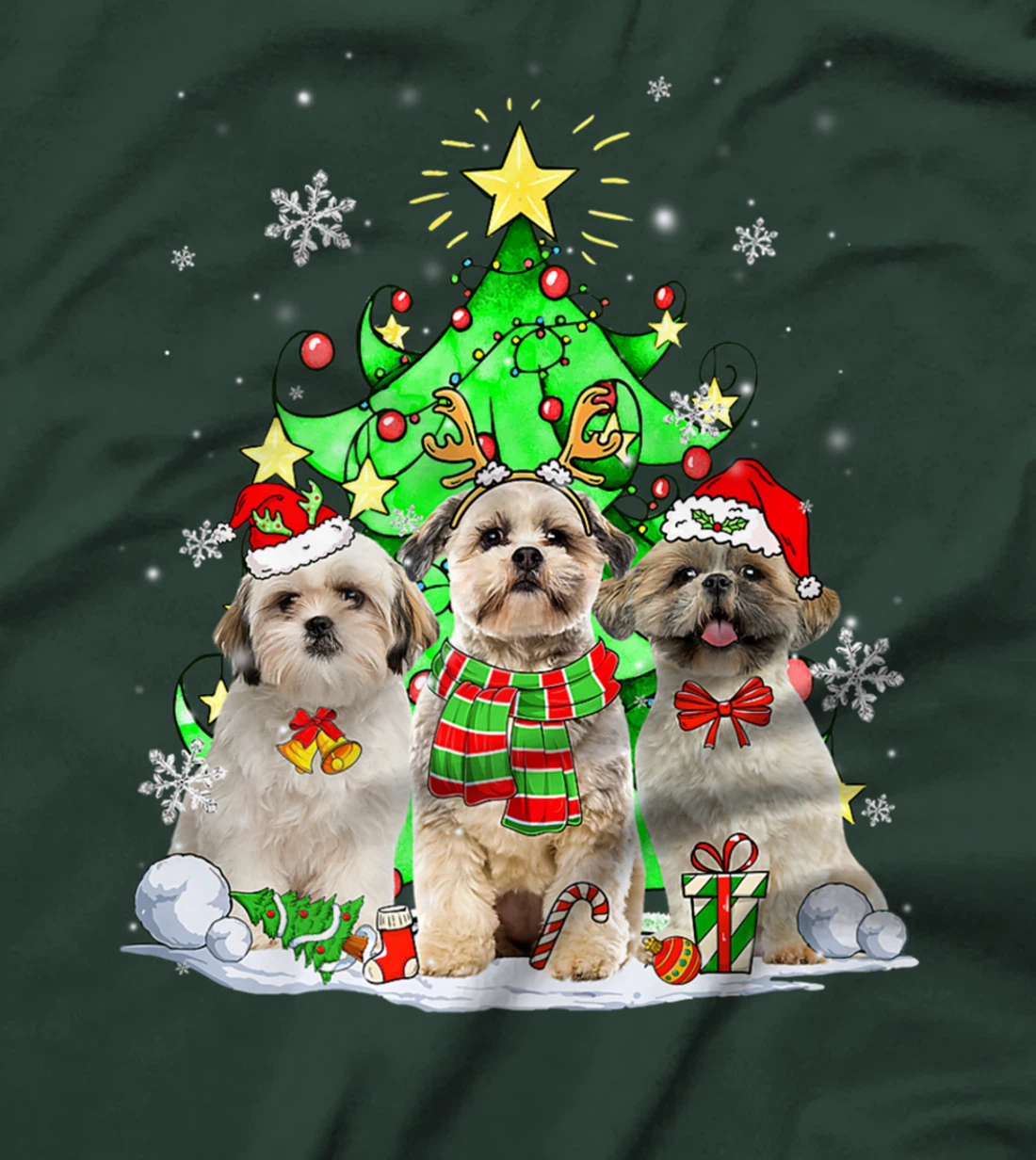 Funny Shih Tzu Dog Reindeer Christmas Light Dog Lover T-Shirt
