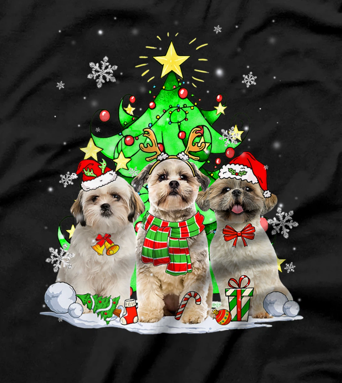 Funny Shih Tzu Dog Reindeer Christmas Light Dog Lover T-Shirt