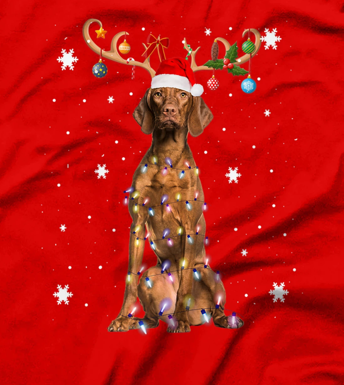 Funny Vizsla Dog Reindeer Christmas Light Dog Lover T-Shirt