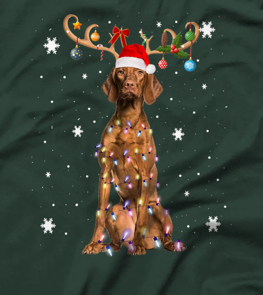 Funny Vizsla Dog Reindeer Christmas Light Dog Lover T-Shirt