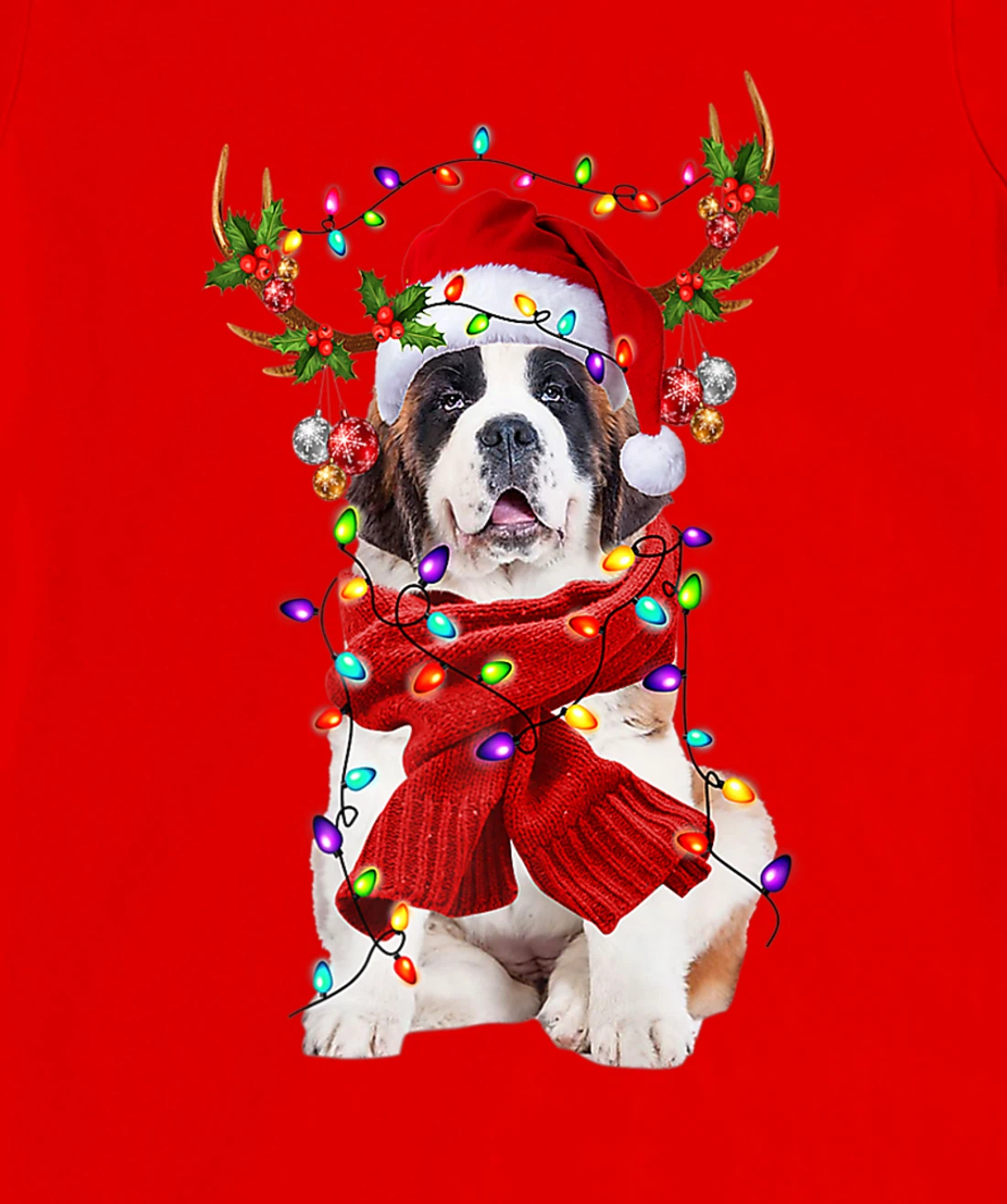 Funny St Bernard Dog Reindeer Christmas Light Dog Lover T-Shirt, Kid T-Shirt and Women T-Shirt