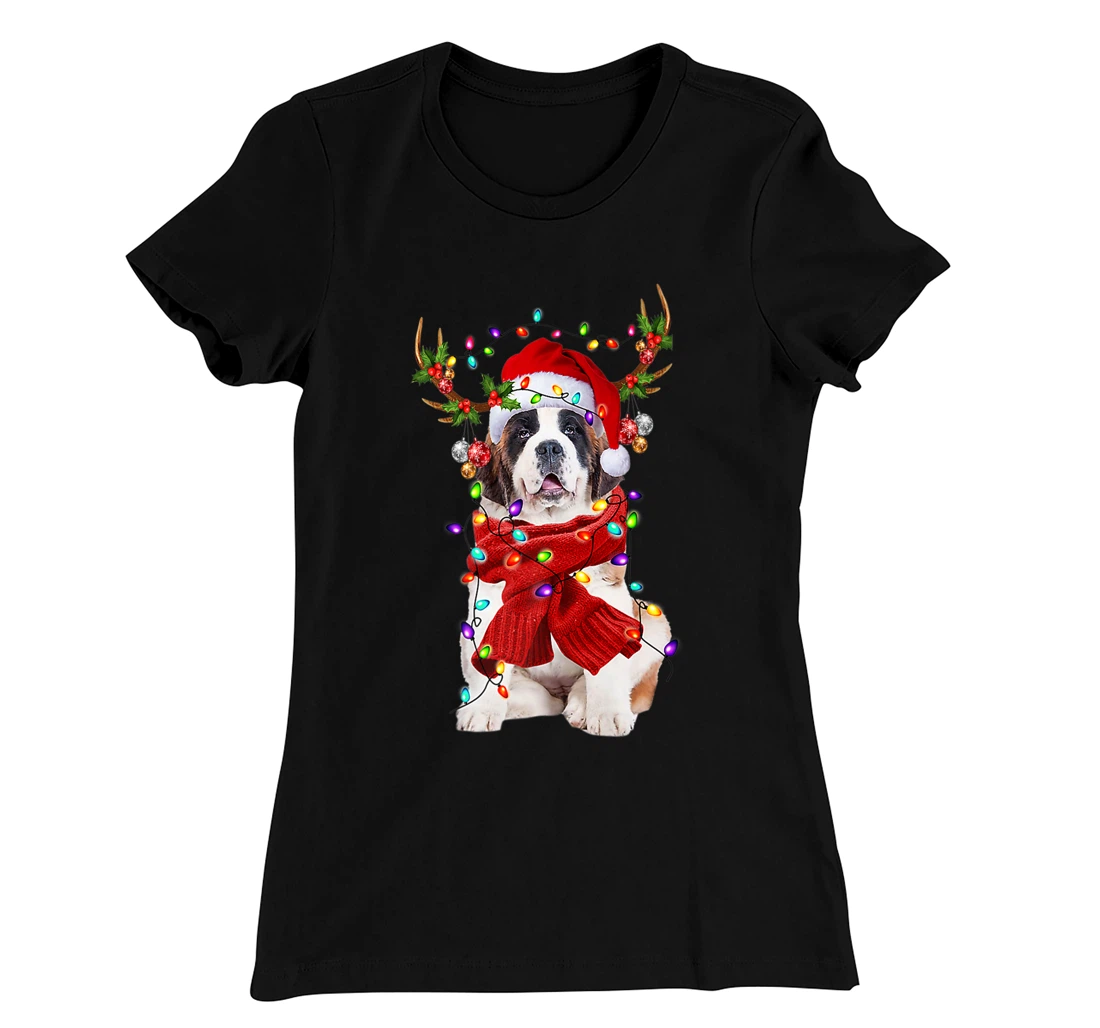 Funny St Bernard Dog Reindeer Christmas Light Dog Lover T-Shirt, Kid T-Shirt and Women T-Shirt
