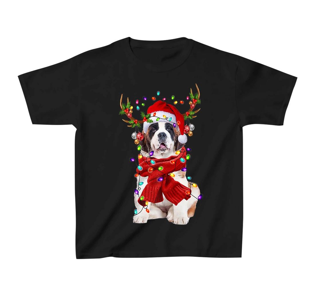 Funny St Bernard Dog Reindeer Christmas Light Dog Lover T-Shirt, Kid T-Shirt and Women T-Shirt