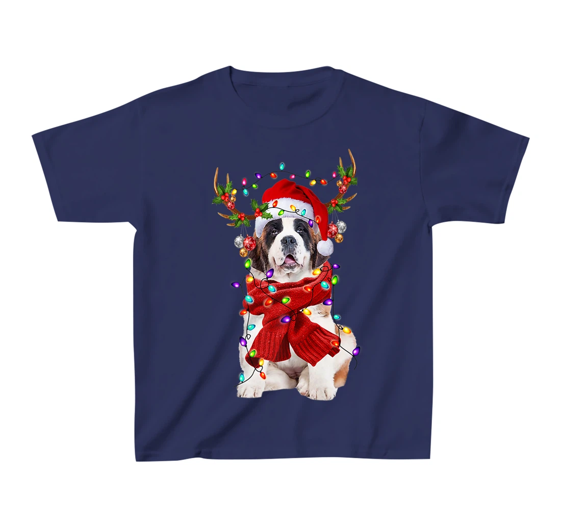 Funny St Bernard Dog Reindeer Christmas Light Dog Lover T-Shirt, Kid T-Shirt and Women T-Shirt