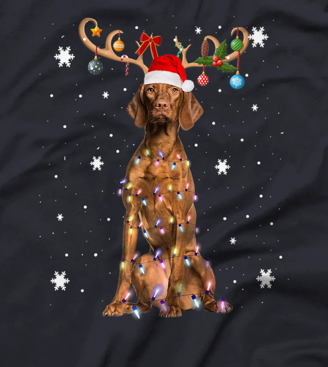 Funny Vizsla Dog Reindeer Christmas Light Dog Lover T-Shirt