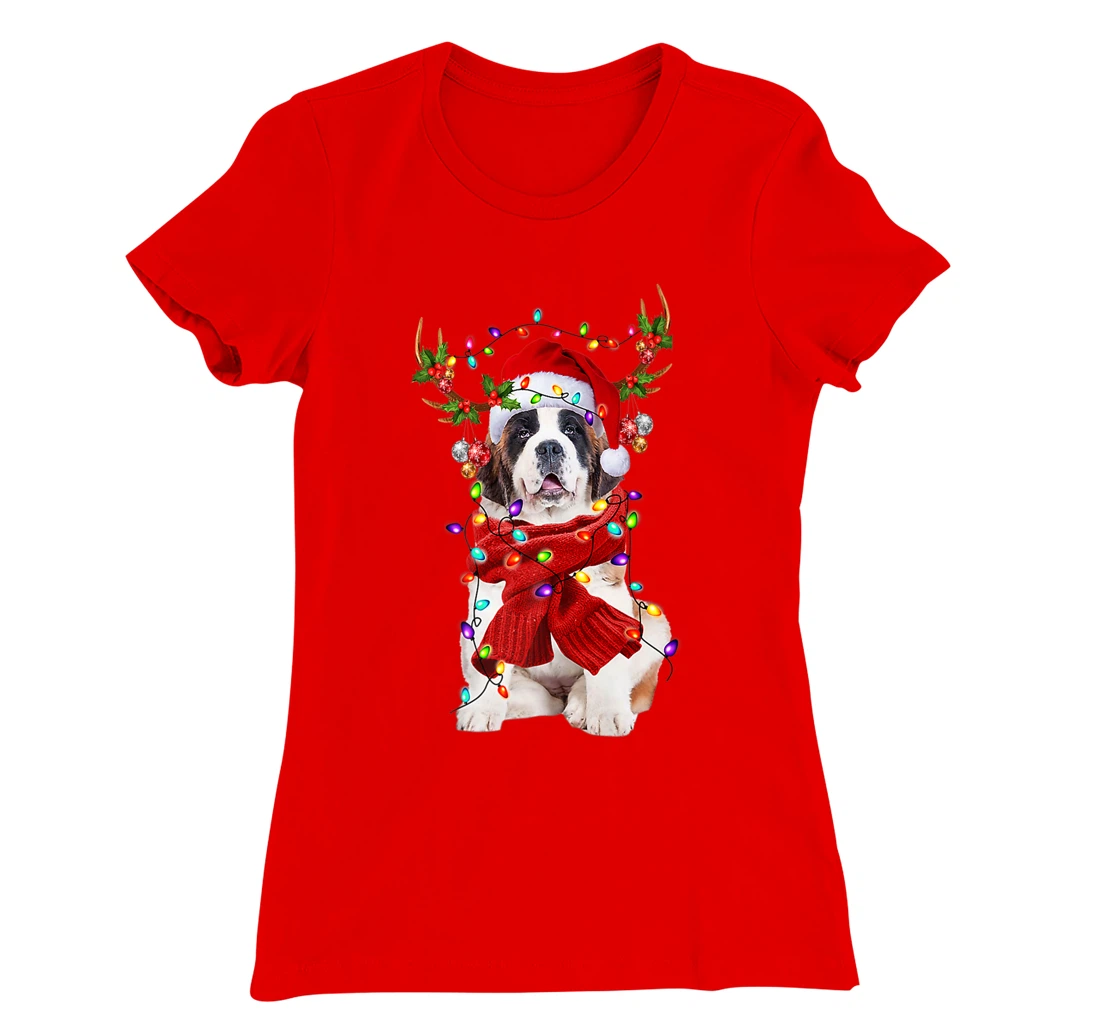 Funny St Bernard Dog Reindeer Christmas Light Dog Lover T-Shirt, Kid T-Shirt and Women T-Shirt