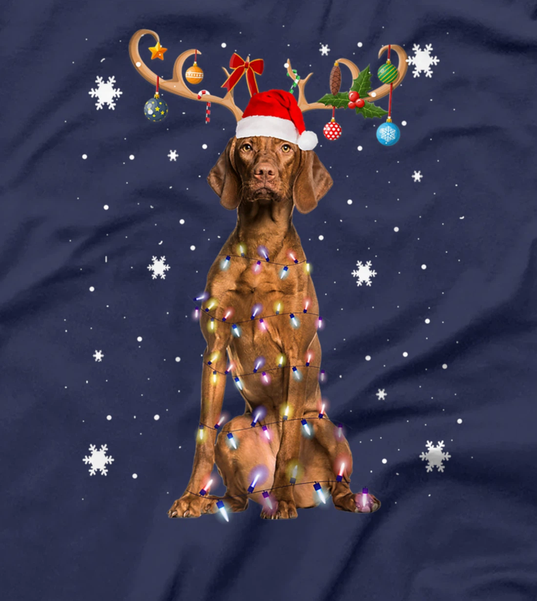 Funny Vizsla Dog Reindeer Christmas Light Dog Lover T-Shirt